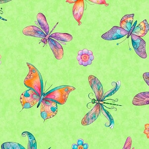 NOVITÀ! Half Yard - Farfalle primaverili scintillanti su lime di Quilting Treasures - Tessuto di cotone per insetti da giardino primaverile estivo
