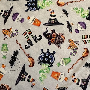 NEW! Half Yard - Spooky Aura Glow by Blank Quilting - Halloween Glow in the Dark Magic Cauldrons Owls on Gray Cotton Fabric FREESHIP90