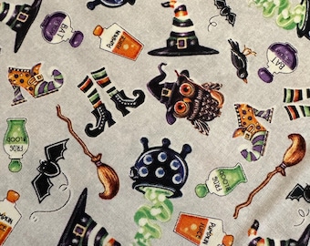 Half Yard - Spooky Aura Glow by Blank Quilting - Halloween Glow in the Dark Magic Cauldrons Owls on Gray Cotton Fabric FREESHIP90