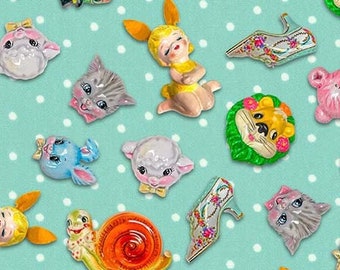 NEW! Half Yard - I Heart Kitsch by Aimee Stewart Retro Baby Animals on Aqua - Michael Miller - Vintage Fun Baubles Art Cotton Fabric