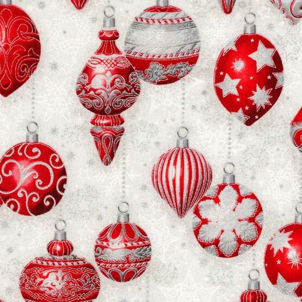 Half Yard - Red Christmas Ornaments on White Gray with Silver Metallic - Holiday Christmas Tree Ornaments Cotton Fabric