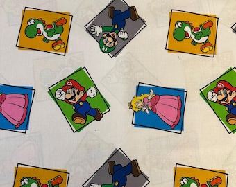 Half Yard - Super Mario Yoshi Princess Peach Toss on White by Springs Creative - Nintendo Game Cotton Fabric FREESHIP90