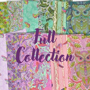 May include: A collection of fabric featuring a variety of colorful patterns, including owls, birds, flowers, and leaves. The fabric is arranged in a vertical stack and the text "Full Collection" is superimposed on the fabric.
