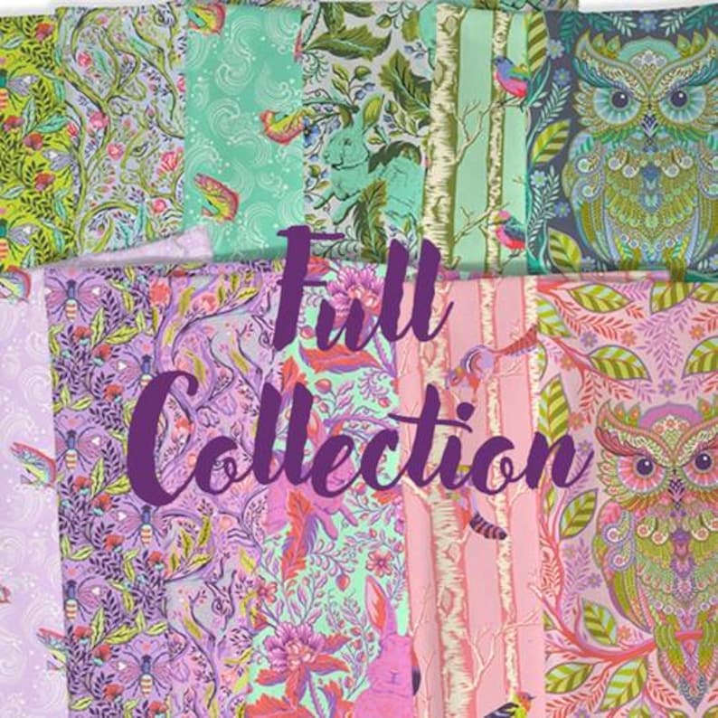 May include: A collection of fabric featuring a variety of colorful patterns, including owls, birds, flowers, and leaves. The fabric is arranged in a vertical stack and the text "Full Collection" is superimposed on the fabric.
