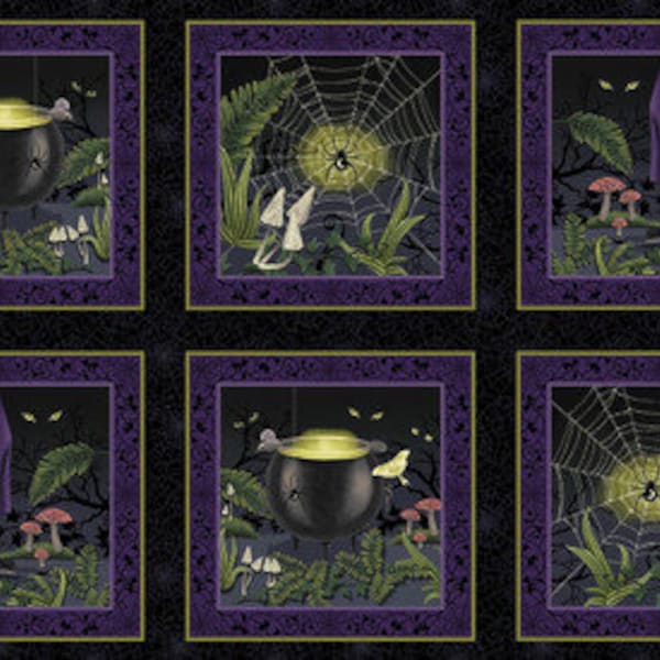 NEW! Panel - Hallowed Forest Blocks by StudioE - Enchanted Halloween Witch Cauldron Spiderwebs Mushrooms Cat Eyes Cotton Fabric 24"x44"
