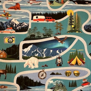 NEW! Half Yard - Destination: Alaska Roadtrip on Teal Blue by Benartex - Scenic Alaska Wildlife Mountains USA Travel Vacation Cotton Fabric