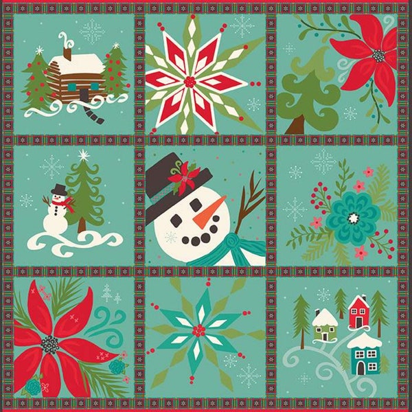 NEW! Panel - Winter Wonder in Teal by Riley Blake Retro Christmas Window Panes Midcentury Modern Cotton Fabric 36"x45"