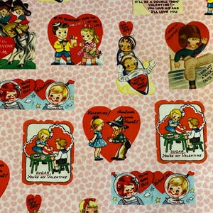 Demi-cour - Saint-Valentin vintage par Michael Miller - Saint-Valentin Be Mine Retro Greeting Cards Cartes postales sur tissu de coton rose FREESHIP90