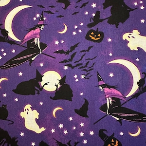 Half Yard - Bones and Bouquets Halloween Witches on Purple by StudioE - Retro Vintage Pumpkins Cats Bats Witch Hat Ghosts Cotton Fabric