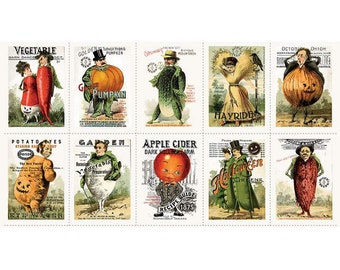 NEW! Panel - Pumpkin Patch Seedy Charcters by Riley Blake - Retro Vintage Halloween J Wecker Frisch Cotton Fabric 24”x44”