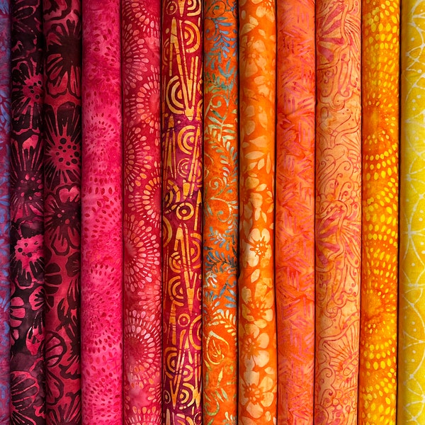 15 Piece Sizzling Sunrise Batik Bundle Assorted Expressions Batiks by Riley Blake - Hot Purples Reds Magentas Oranges Yellows Cotton Fabric