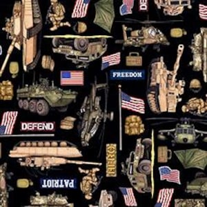 ¡NUEVO! Media yarda - Tela Patriot Army Allover sobre negro de Quilting Treasures - EE. UU., tela de veteranos militares de EE. UU., patriótica, para colchas de valor