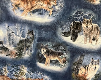 Half Yard - Under the Moonlight by 3 Wishes - Wolf Pack Wolves on Blue Cotton Fabric FREESHIP90