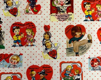 Media yarda - Tarjetas de felicitación retro "Be Mine" de Michael Miller - San Valentín en tela de algodón blanca