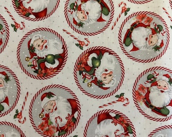 NEW! Half Yard - Candy Cane Lane Mini Santa Circles on White by Studioe - Santa Claus Christmas Cotton Fabric Classic Retro Vintage Vibe!