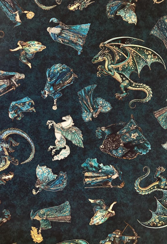 NEW! Half Yard - Folklore Medieval Toss by Quilting Treasures - Dragons Wizards Medieval Knights Fantasy Cotton Fabric