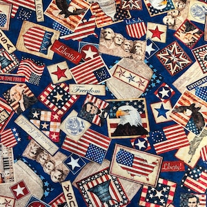 NUEVO Media yarda - Tapiz americano con collage patriótico en azul de Quilting Treasures USA, tela de algodón con águilas americanas y edredones patrióticos de valor