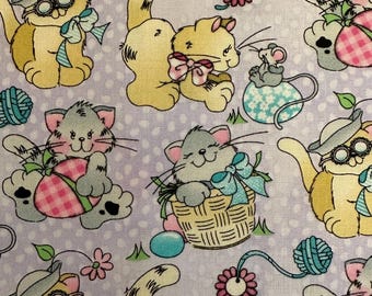Half Yard - Easter Cats with Eggs on Lavender Cotton Fabric by Fabric Traditions Springtime Cats Kittens BTHY FREESHIP90