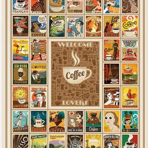 May include: A collage of vintage-style coffee-themed posters. The posters feature illustrations of coffee cups, people, and text like "Espresso," "Coffee Lovers," and "Tiki Java." The color palette includes browns, reds, and yellows, creating a retro aesthetic.
