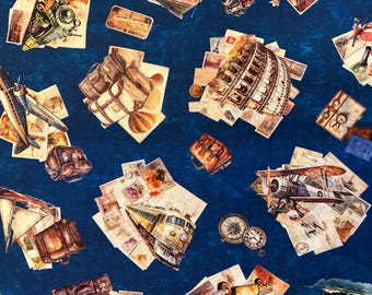 Half Yard - Globetrotter by Quilting Treasures - Travel Icons Collage on Denim Vacation Landmarks Attractions World Traveler Cotton Fabric