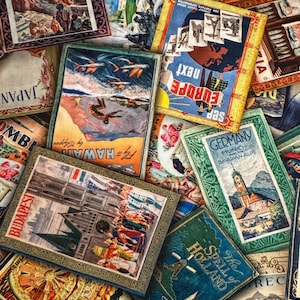 NOUVEAU ! Voyage vintage par Robert Kaufman - Cartes postales vintage rétro, Voyages dans le monde, Posters Aimee Stewart, tissu en coton