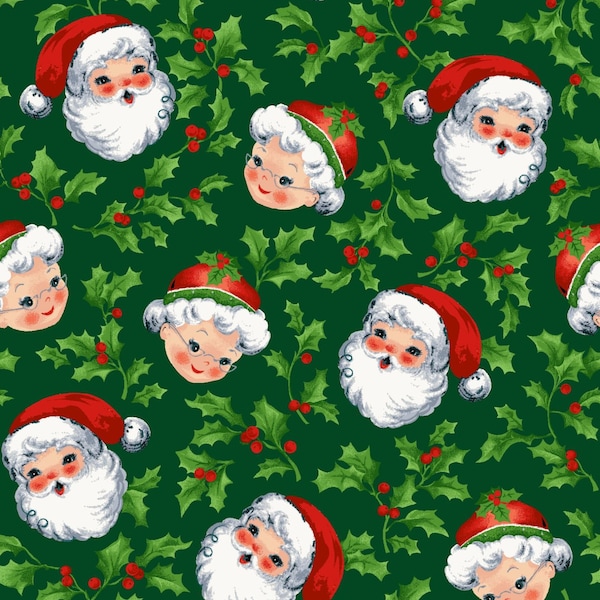 Half Yard  Yule Cool by Freckle & Lollie Retro Vintage Christmas Mr and Mrs Claus on Green Santa Claus Mrs Claus Faces  Cotton Fabric