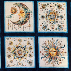 NEW! Panel - Bohemian Sunrise Celestial Patches Blocks by Quilting Treasures - Sky Moon Sun Celestial Medallions Cotton Fabric 36&quot;x44&quot;