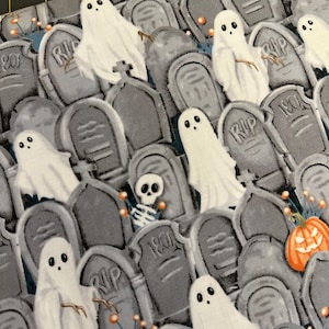 NEW! Half Yard - Ghosts in the Graveyard by Henry Glass - Halloween Glow in the Dark Tombstones Cotton Fabric FREESHIP90