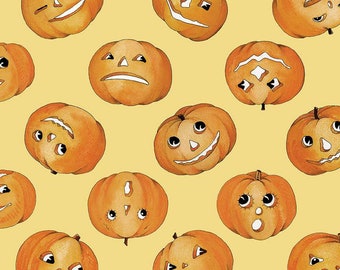 NEW! Half Yard - Pumpkin Patch Tossed Jacks on Yellow by Riley Blake - Retro Vintage Halloween Jack-o-Lanterns J Wecker Frisch Cotton Fabric