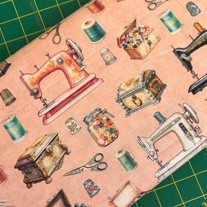 Half Yard - In Stitches Vintage Sewing Machines Thread Scissors on Salmon Pink by Quilting Treasures - Cotton Fabric FREESHIP90
