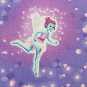 May include: A blue fairy with pink wings and a pink dress flies through a purple sky with white sparkles.