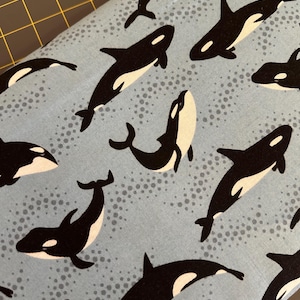NEW! Half Yard - Alaska Orca Whales on Aqua by Riley Blake - Scenic Alaska Wildlife Ocean Animals USA Travel Vacation Cotton Fabric
