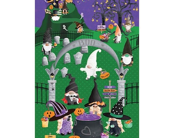 Painel Gnomos Fantásticos da Benartex Gnomos Fantasiados para Noite de Halloween Vila dos Gnomos Tecido de Algodão FRETE GRÁTIS 90