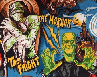 Half Yard  Halloween Pleasures & Pastimes by Robert Kaufman Retro Vintage Halloween Monsters Dracula Mummy Frankenstein  Cotton Fabric