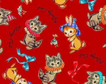 NEW! Half Yard - I Heart Kitsch by Aimee Stewart Kitschy Cats on Red - Michael Miller - Vintage Retro Cats Kittens Cotton Fabric