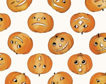 NEW! Half Yard - Pumpkin Patch Tossed Jacks on White by Riley Blake - Retro Vintage Halloween Jack-o-Lanterns J Wecker Frisch Cotton Fabric