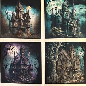 NEW! Panel - Halloween Creepsville Haunted House Patches on Cream by Quilting Treasures Cotton Fabric 36"x44"