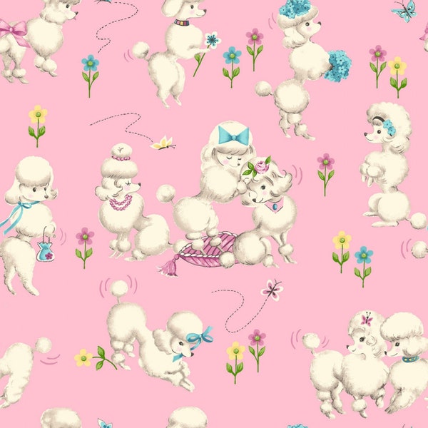 NEW! Half Yard - Little Darlings by Freckle + Lollie - Retro Vintage Poodle Dogs Puppies on Pink - Cotton Fabric