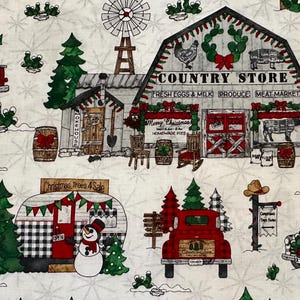 Pół jarda, który dał mi mój kowboj... autorstwa Blank Quilting Wiejski kowboj, stodoły, drzewa, bałwany, czerwone ciężarówki na białej bawełnianej tkaninie