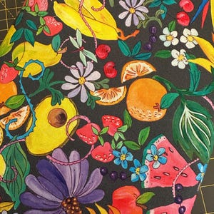 Half Yard - Fruitopia Fruit Salad on Charcoal by Freespirit - Watermelon Sunflowers Cotton Fabric