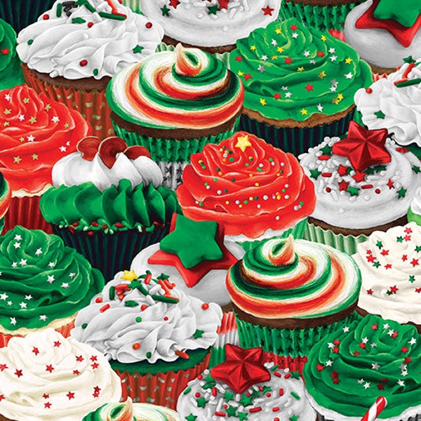 Half Yard  Sweet Holiday Red Green & White Chocolate Cupcakes by Benartex  Christmas Desserts Treats Cotton Fabric
