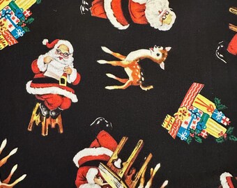Half Yard - Holly Jolly Santa is Coming To Town on Black by Michael Miller - Retro Vintage Christmas Santa Claus Reindeer Cotton Fabric