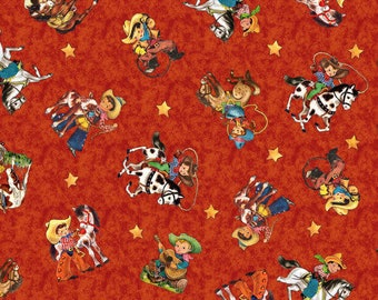NEW! Half Yard Cowboy Up Retro Cowboy Toss on Red by Quilting Treasures Western Cowboy Donkeys Horses Cows Rodeo Country Cotton Fabric