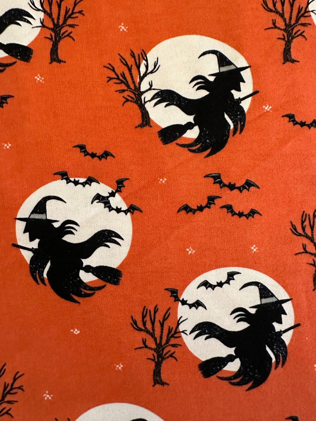 FLANNEL Half Yard Witches on Broomsticks on Orange Full Moon Etsy