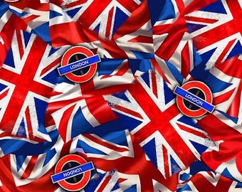 Half Yard - City of London Union Jack Flags by Michael Miller - UK England Britain Flags European Vacation Travel Cotton Fabric