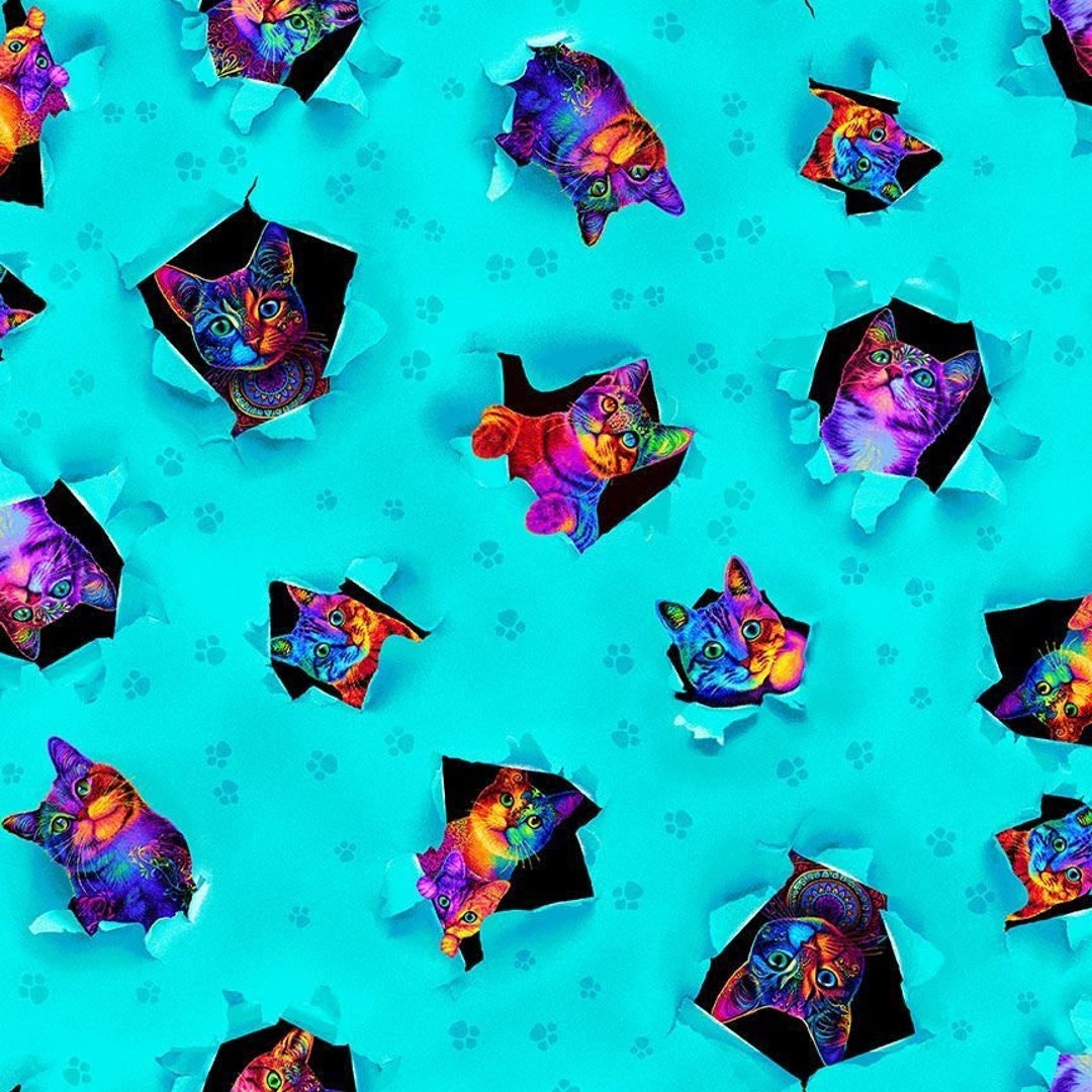 Half Yard - Wildcats Rainbow Peekaboo Cats on Blue by Timeless ...