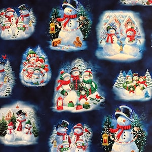 Half Yard - Snowman Holiday Vignettes on Navy Blue by Quilting Treasures - Adorable Snowman Family Christmas Cotton Fabric FREESHIP90