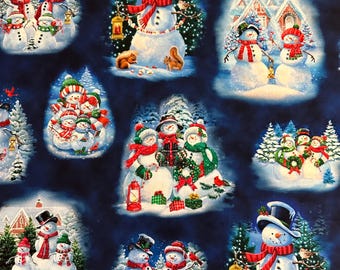 Demi yard - Vignettes de vacances de bonhomme de neige sur bleu marine par Quilting Treasures - Adorable bonhomme de neige en famille Noël tissu en coton FREESHIP90