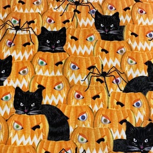 Half Yard - Creepy and Kooky by Blank Quilting - Halloween Packed Pumpkins and Black Cats Glow in the Dark Cotton Fabric FREESHIP90