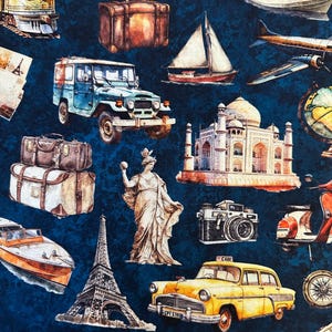 Half Yard - Globetrotter di Quilting Treasures - Icone di viaggio su Navy Vacation Landmarks Attractions World Traveler Tessuto di cotone FREESHIP90